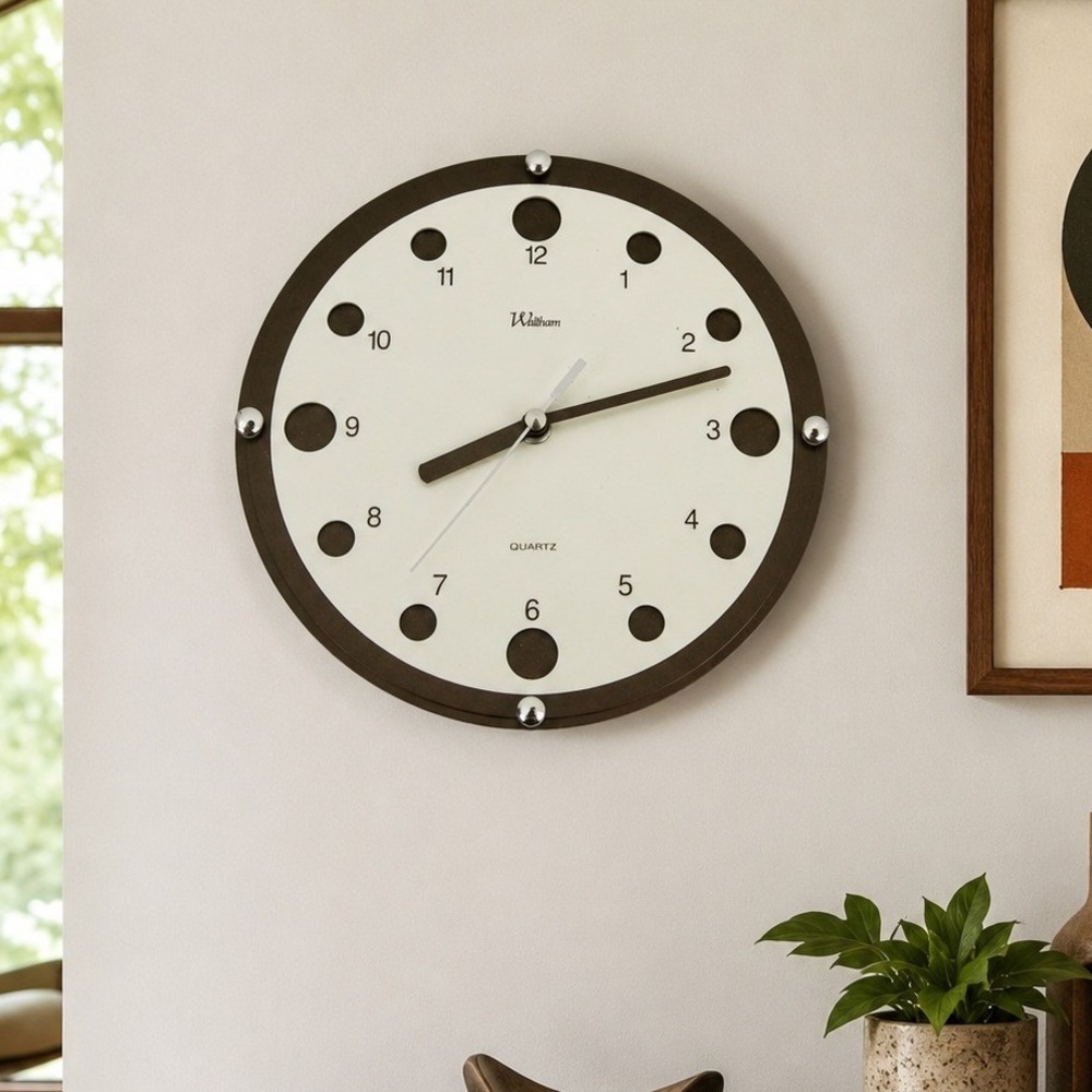 Waltham Quartz Wall Clock Round Cream Brown Modern Minimalist Analog Timepiece